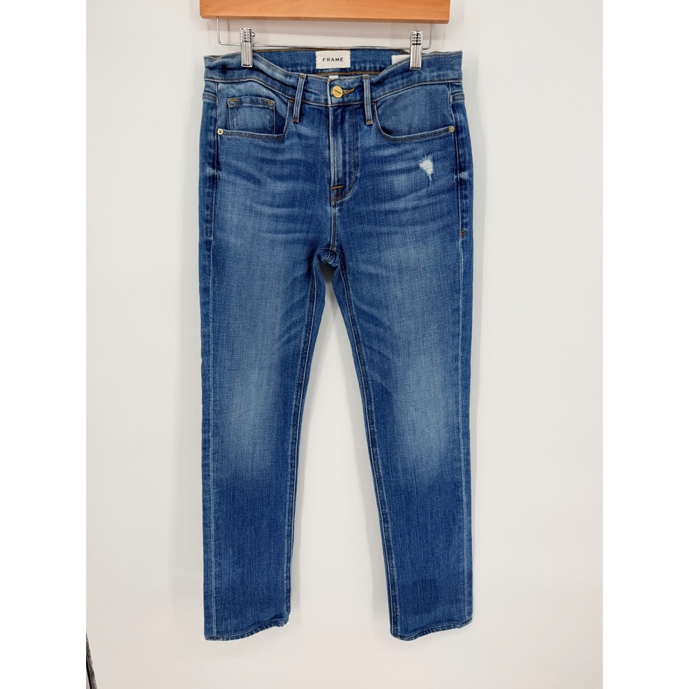 FRAME Le Nik Slim Straight Jeans Blue Distressed Denim Size 27 Medium Wash - Picture 2 of 9